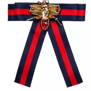 Dragonfly collar bow tie brooch blue and red